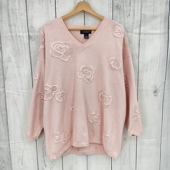 Vintage Sweaters - VINTAGE 90s LARGE Womens Pastel Pink Oversized Beaded Floral Sweater Clasiques